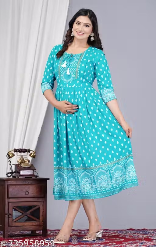 Treading Beautiful Women Printed Turquoise anarkali kurti maternity kurtis