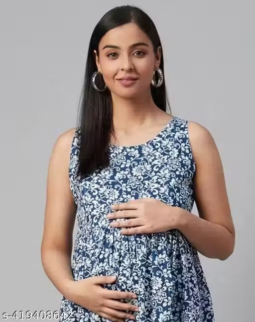 Women's Pure Cotton Printed Maternity Gown/Maternity wear/Feeding Gown A-line Maternity Feeding Dress Maternity Kurti Gown for Women