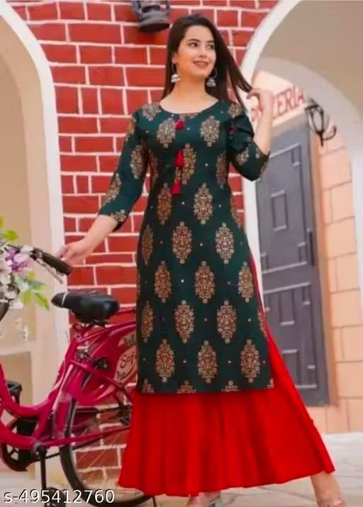 WOMENS RAYON PRINTED STRAIGHT KURTA AND PALAZZO SET FOR GIRLS