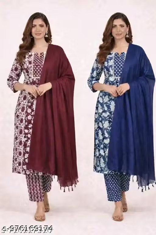 COMBO OF 2 RED ROSE & BLUE PRINTED COTTON KURTI SET FOR WOMEN