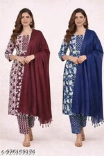 COMBO OF 2 RED ROSE & BLUE PRINTED COTTON KURTI SET FOR WOMEN