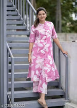 Women Trendy Pink Floral Printed Kurti Pant Set |