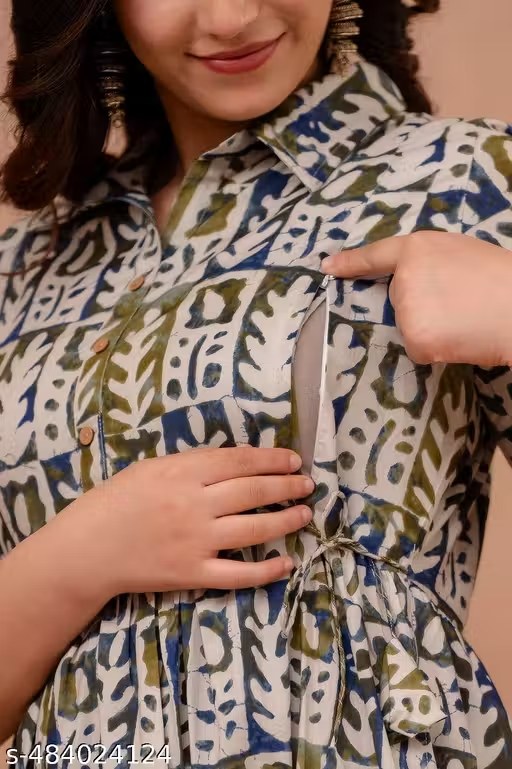 ASTYLES Beautiful Rayon Floral Print Maternity Kurti/Gown With Pocket (Blue&Green)