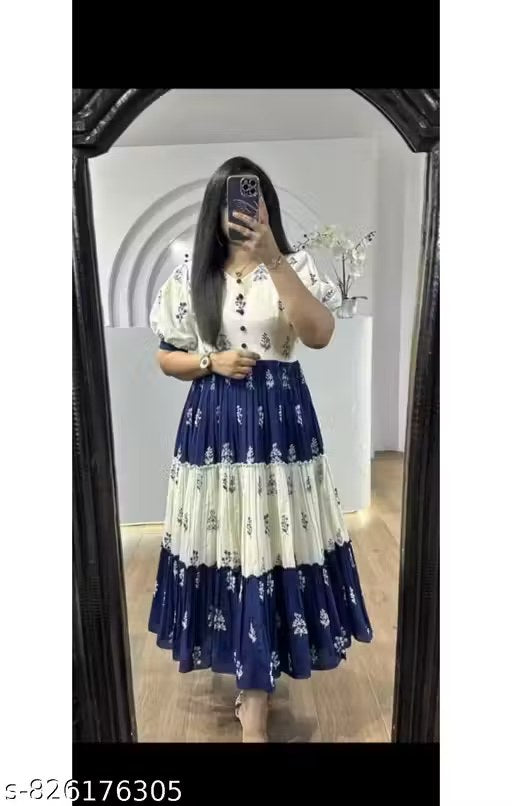 Women Blue & White Printed Tiered Kurti Dress