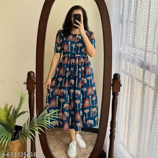 New Design Women Half Sleeves Printed Middy Gown