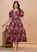 Wine-Red Floral Rayon Feeding Midi Dress with Puff Sleeves