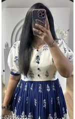 Women Blue & White Printed Tiered Kurti Dress