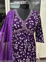 Womens Beautiful Rayon Aliya Cut Embroidered Kurti With Pant and Dupatta Set