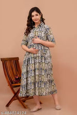 ASTYLES Beautiful Rayon Floral Print Maternity Kurti/Gown With Pocket (Blue&Green)