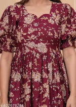 Wine-Red Floral Rayon Feeding Midi Dress with Puff Sleeves