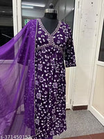 Womens Beautiful Rayon Aliya Cut Embroidered Kurti With Pant and Dupatta Set