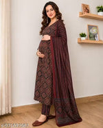 Printed Anarkali Maternity Feeding Kurta, Pant & Dupatta Set